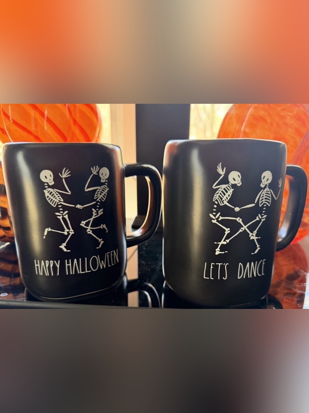 Rae Dunn Black "Happy Halloween" & "Let's Dance" Skeleton Mugs